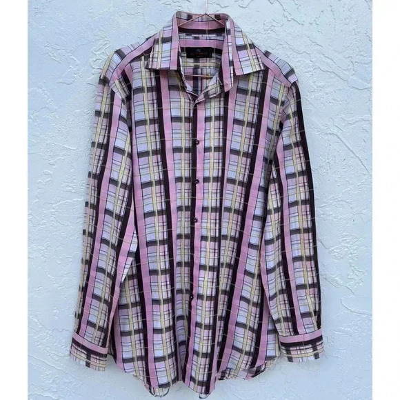 Etro Mens Checkered Print Button Down Milano Polo Shirt Pink Sz 41 - Picture 1 of 13